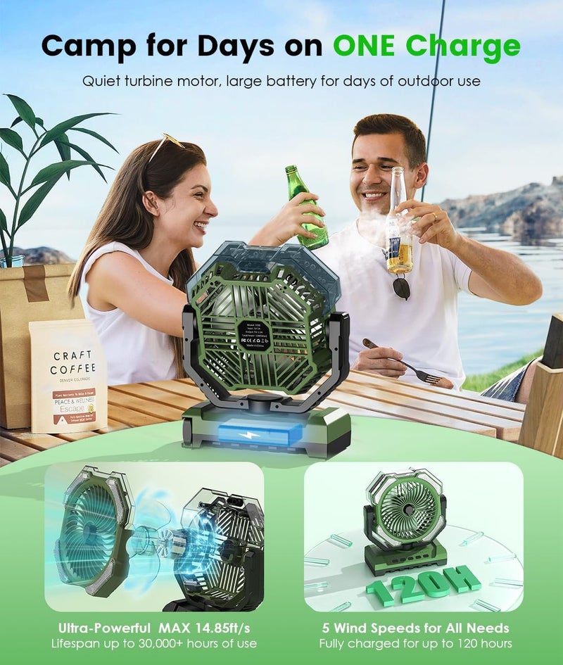 Aopircs Camping Misting Fan - Portable Rechargeable Fan with 9oz Tank, Light, Hook - Battery Power 120H MAX Working, Fast Cooling, 4 Speed, Timer, Sleep Mode, for Outdoor, Travel, Patios, Beach - Image 3